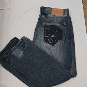 Ed Hardy Vintage Men's Blue Jeans with Black Tiger Pocket Design 38